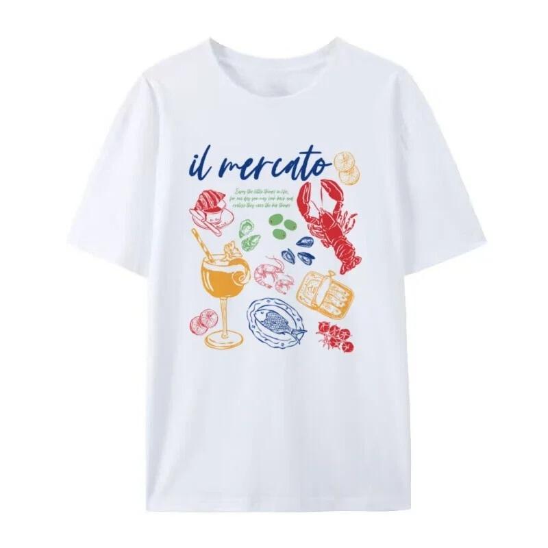 Vintage Aesthetics Italian Market T-shirt Summer Sardine Seafood Cute La Dolce Vita Gourmet Shirt Women's Relaxed Vacation