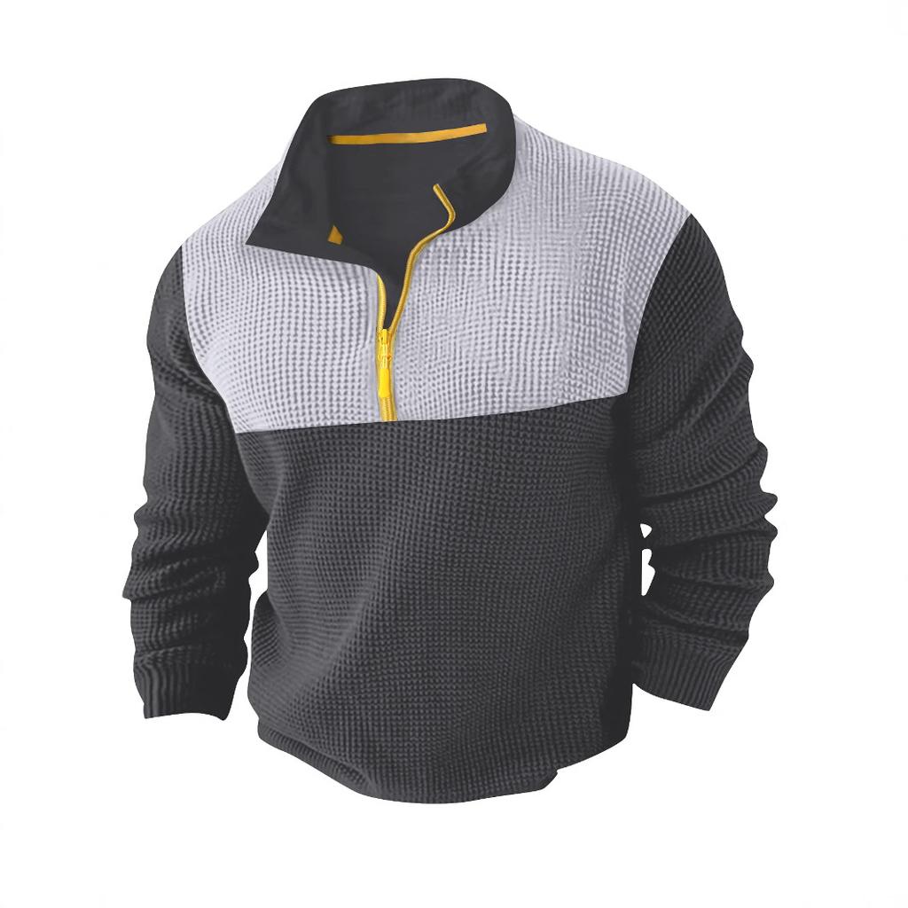 Spring and Autumn Leisure Sports Long Sleeve High Collar Top Color Blocking Half - Zip Waffle Knit Pullover Men’s T-Shirts