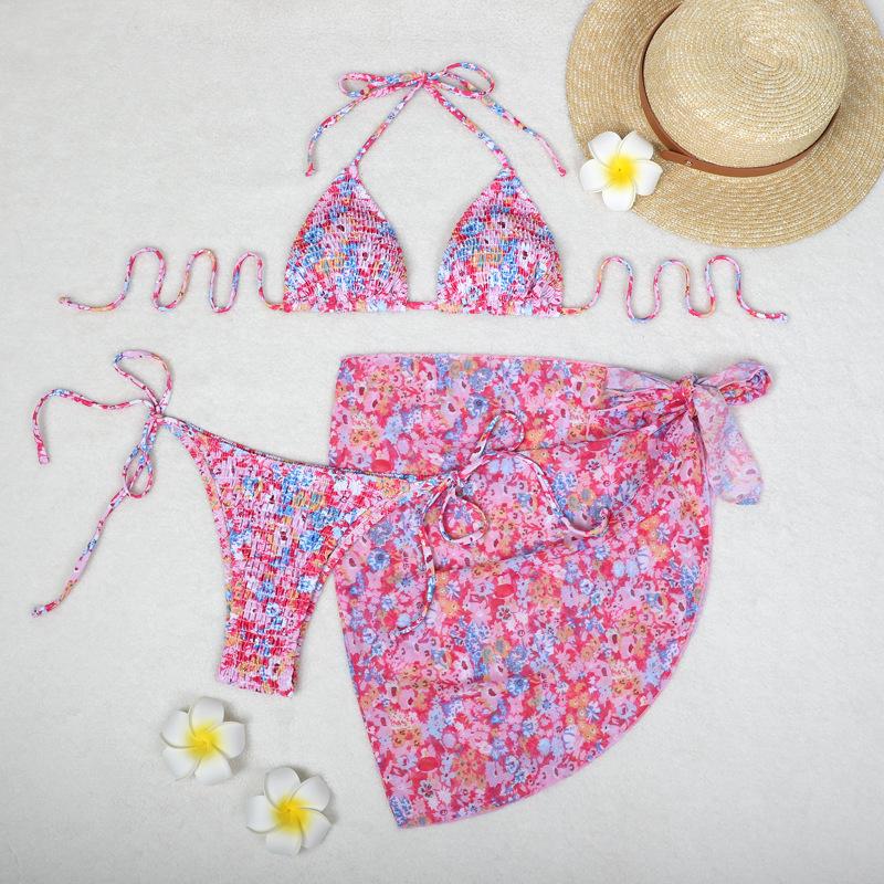 TS JYL-BK045 Mesh Skirt Three-Piece Bikini, Print Triangle Slim Swimwear For Vacation