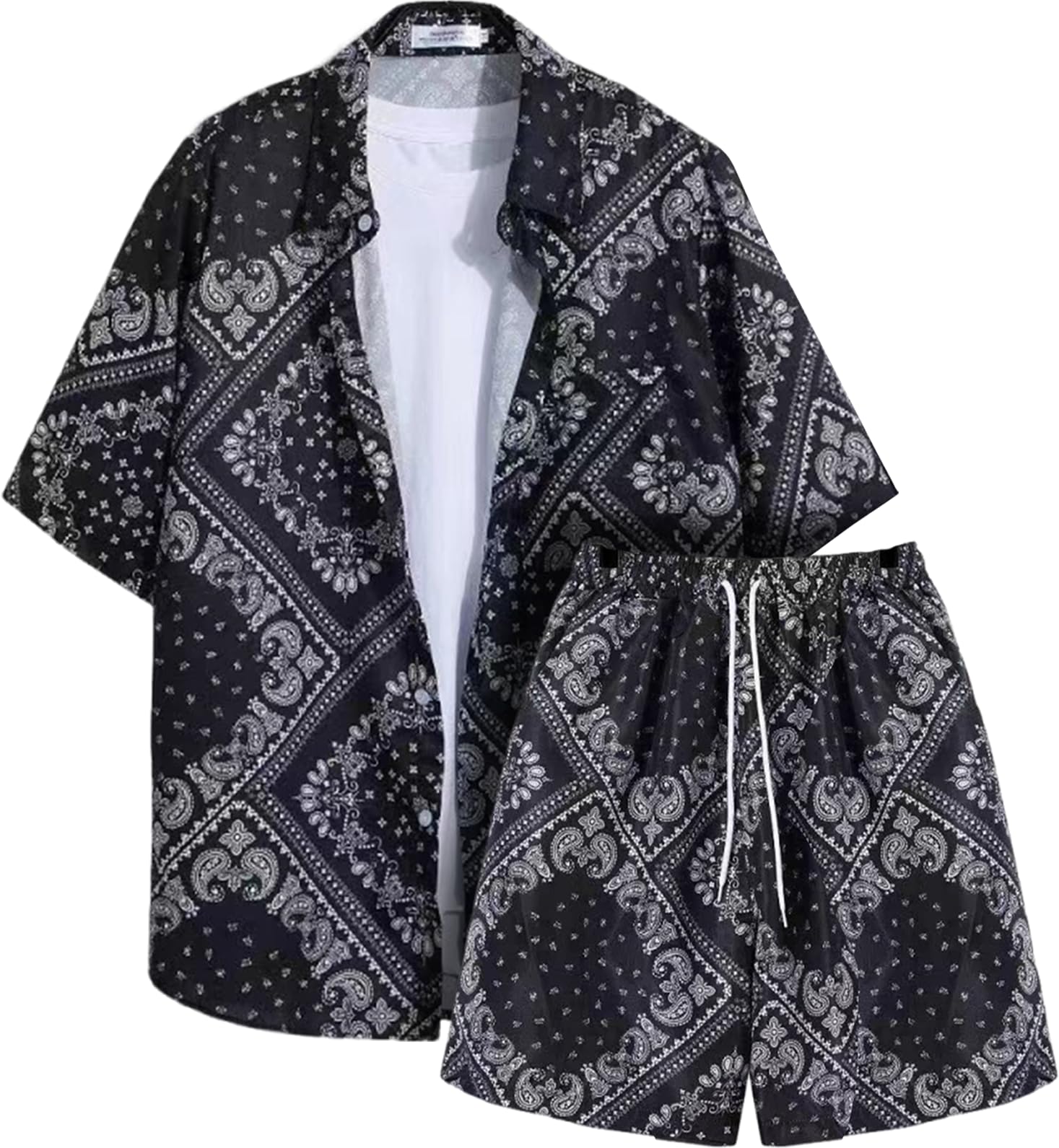 

Принт Гавайская рубашка и брюки Летний комплект с коротким рукавом и открытым воротником Повседневный Спортивный J.STORE Мужской Комплект с принтом по всей поверхности, Рубашка, Черный, 5S-J06-BKXL