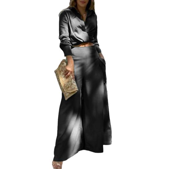 

Жіночий комплект з 2 предметів Повсякденний Кроп-сорочка з довгим рукавом, лацканами, V-подібним вирізом, Широкі штани, Комплект для matching, Осінь, Весна, Подорожі, Домашній костюм XL чорний