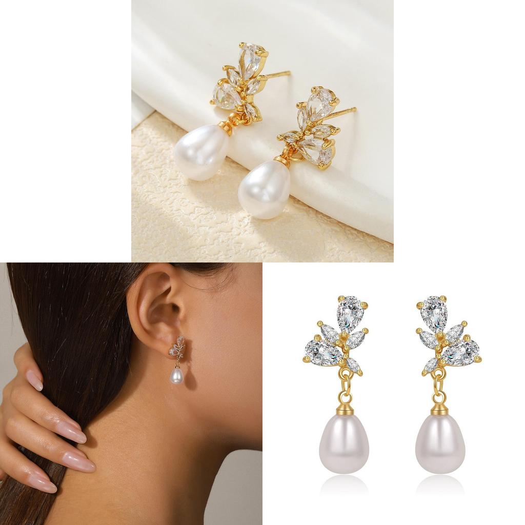 Geometric Style Gold Plated Copper Pearl Drop Earrings For Women Wedding Jewelry