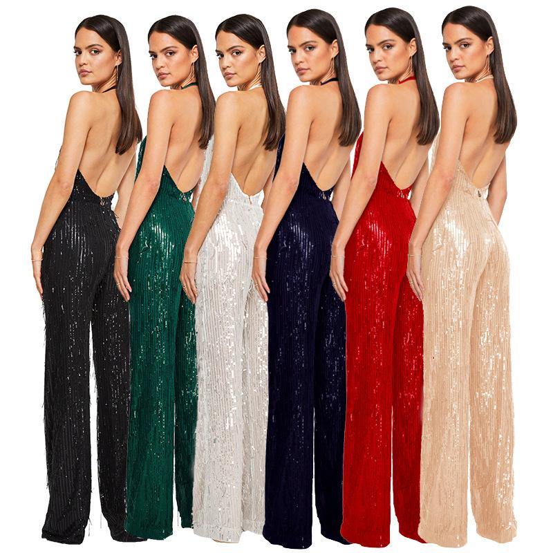 Combinaison Chic de Fête pour Femme à Col en V Profond, Sans Manches, à Sequins et Jambes Larges