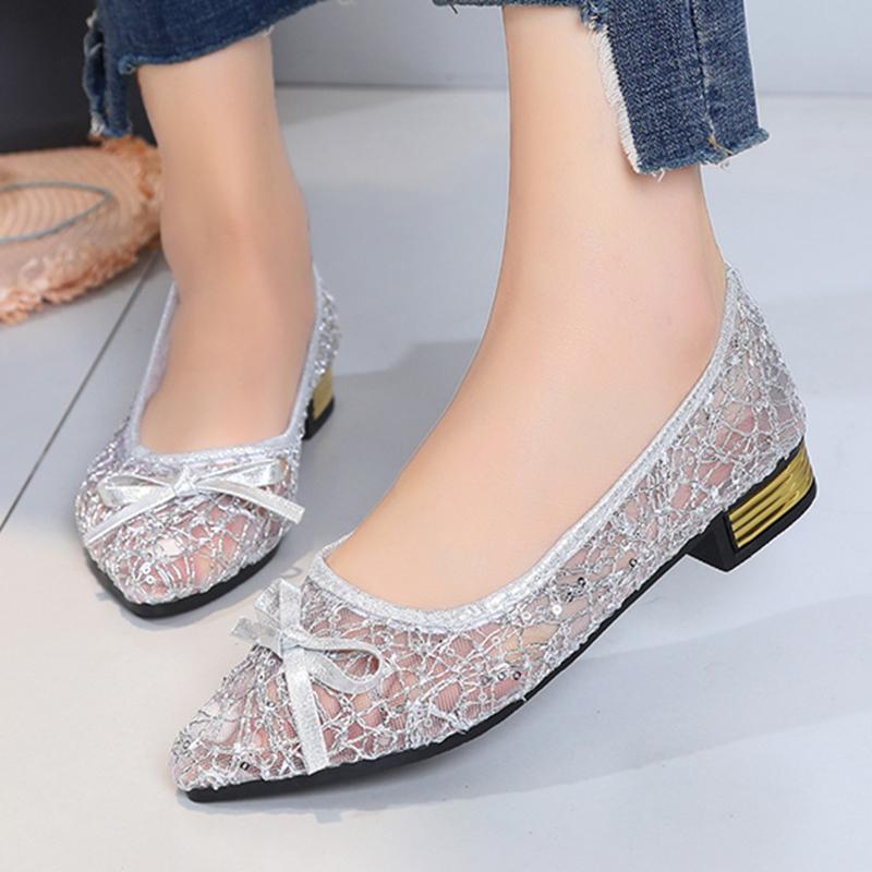Fashion Bowtie Mesh Decor Low Heel Pumps Women Fashion Shiny Sequin Pointed Toe Banquet Dress Shoes Summer Comfort Breathable Loafers