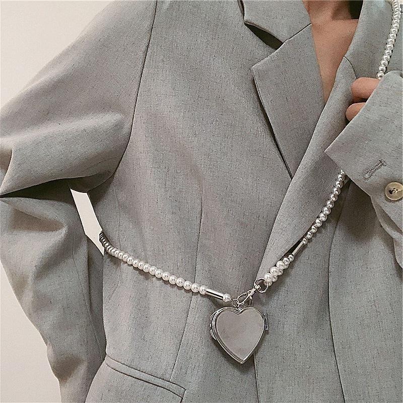 1pc Personality Long Necklace with Big Mirror Heart Pendant Women Pearl Shoudler Chain Jewelry Fashion