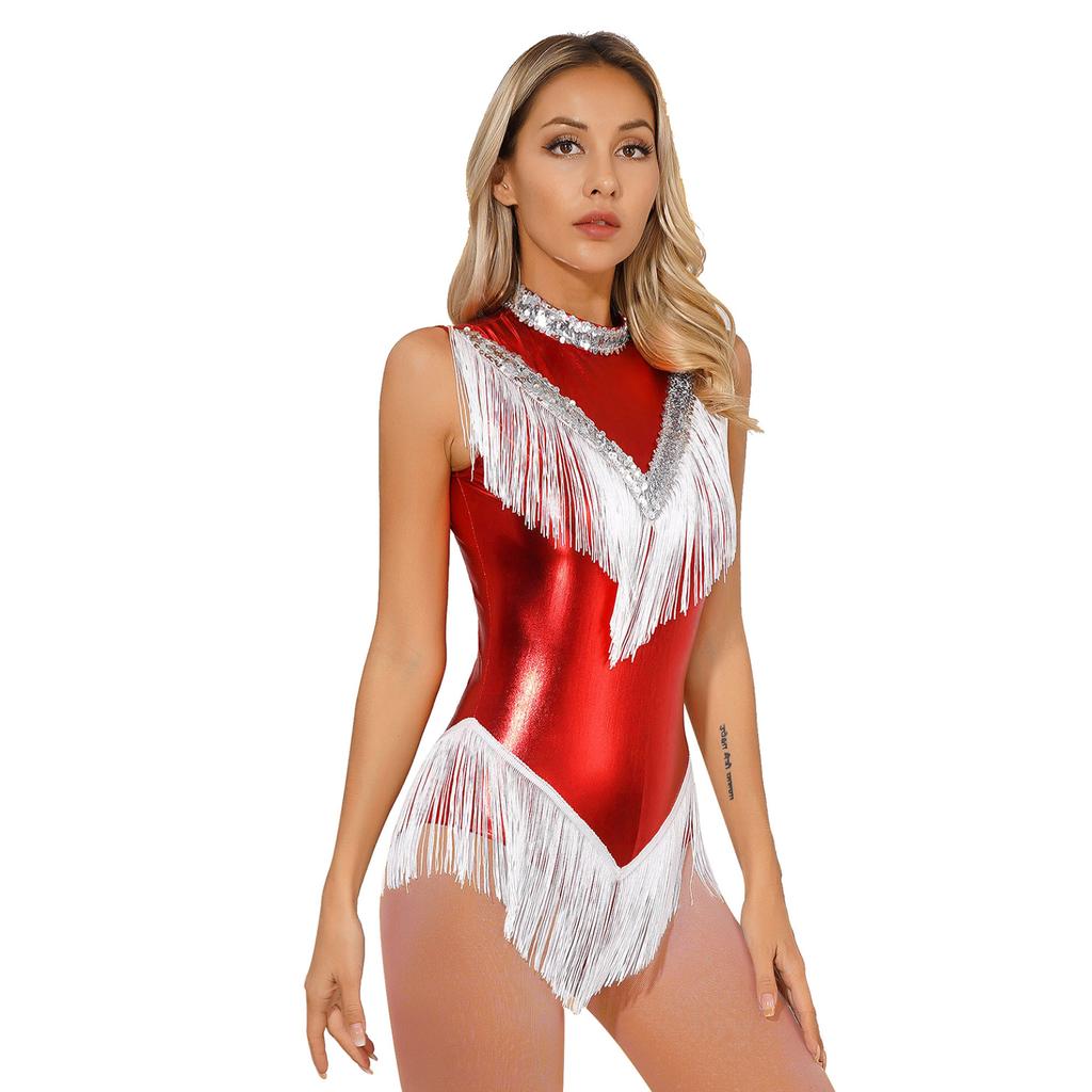 Womens Metallic Sleeveless Fringed Bodysuit Shiny Sequins Mock Neck Tassel Leotard for Latin Dance Performance