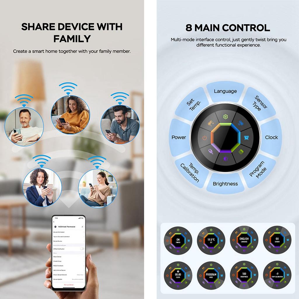 Smart Thermostat for TUYA 1.32in TFT Screen Touch Knob Voice WIFI Temperature Controller with Ambient Lights for Home