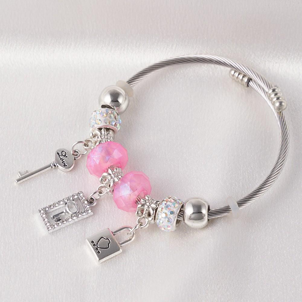 Temu Tree of Life Pendant with Stainless Steel Pandora-Style Bangle, Fashionable Beaded DIY Bracelet.