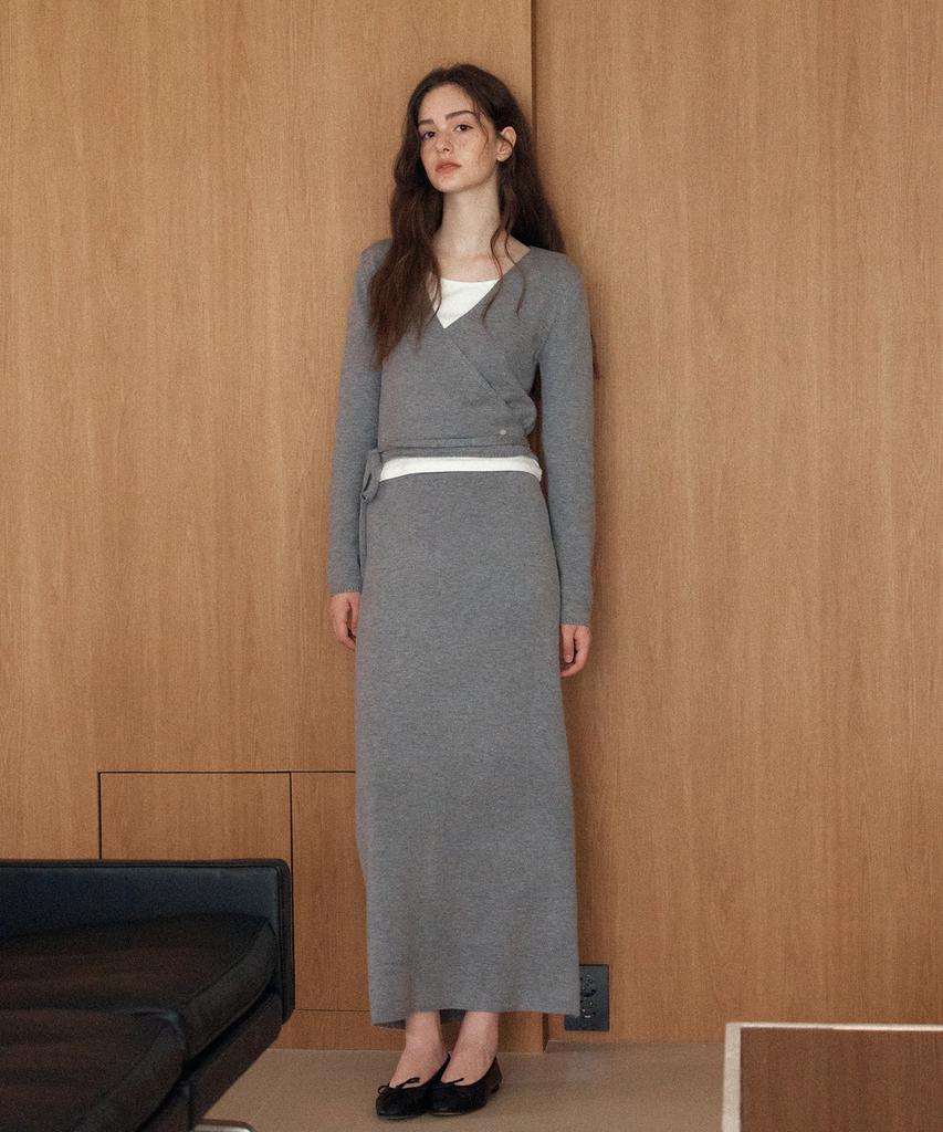 YUPPE [Set] Tie Wrap Knit Cardigan & Skirt_Gray