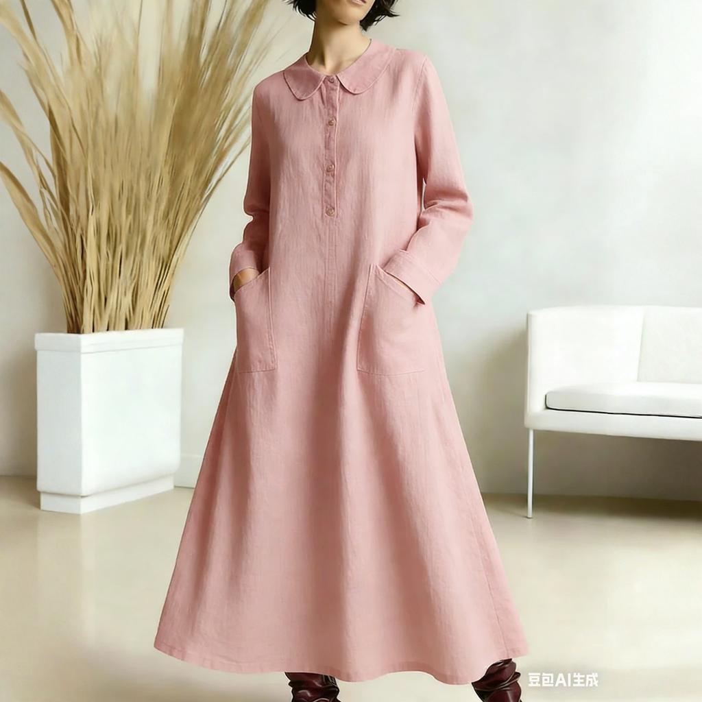 Women's -color Mid-length Loose-fitting Dress With Large Pockets And Casual
