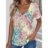 Summer Women Clothing Floral Print V Neck T Shirt Retro Casual Outdoor Blouse Plus Size