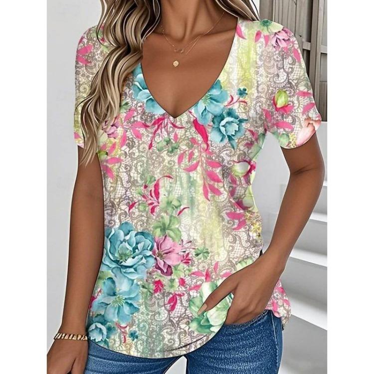Summer Women Clothing Floral Print V Neck T Shirt Retro Casual Outdoor Blouse Plus Size