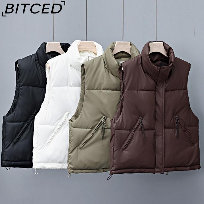 BITCED Women's Elegant Minimalist Style Army Green Stand-Collar Cotton Vest