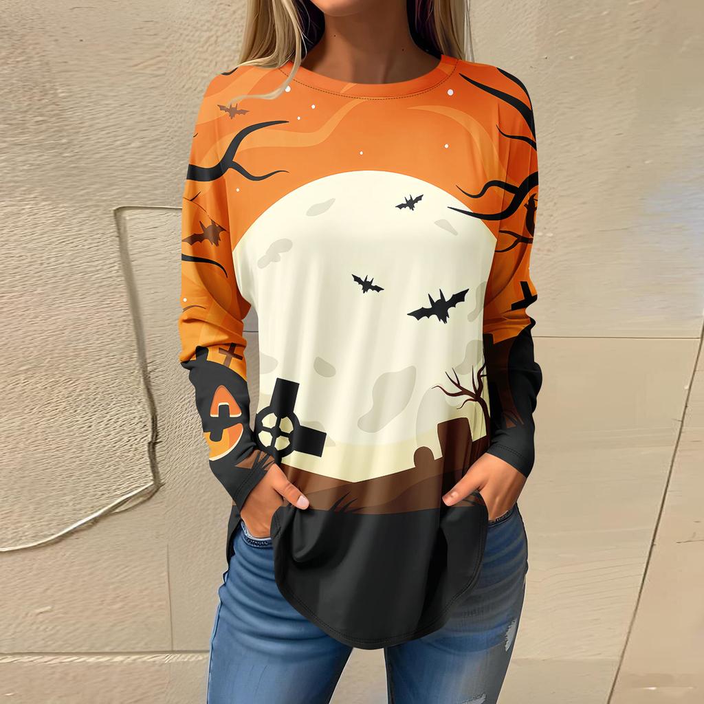 T-shirts voor Dames Herfst Casual Lange Mouw Shirts Sweatshirt Halloween Bedrukking Top Pullover
