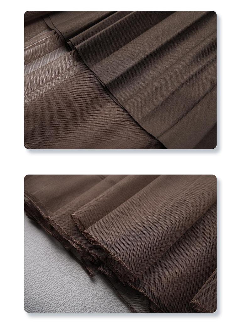 White Women's Drapey A-Line Mesh Skirt - 2024 New Autumn, Spring Mid-Length Pleated Style