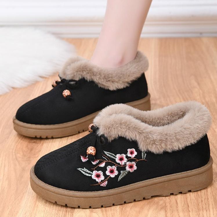 Winter Women's Thickened Warm Casual Shoes Flat Embroidered Cotton Boots