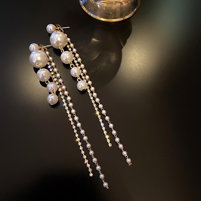 Diamond-set Pearl Fringed Earrings European and American Personality Long Earrings Fashion Temperament Trend Earrings