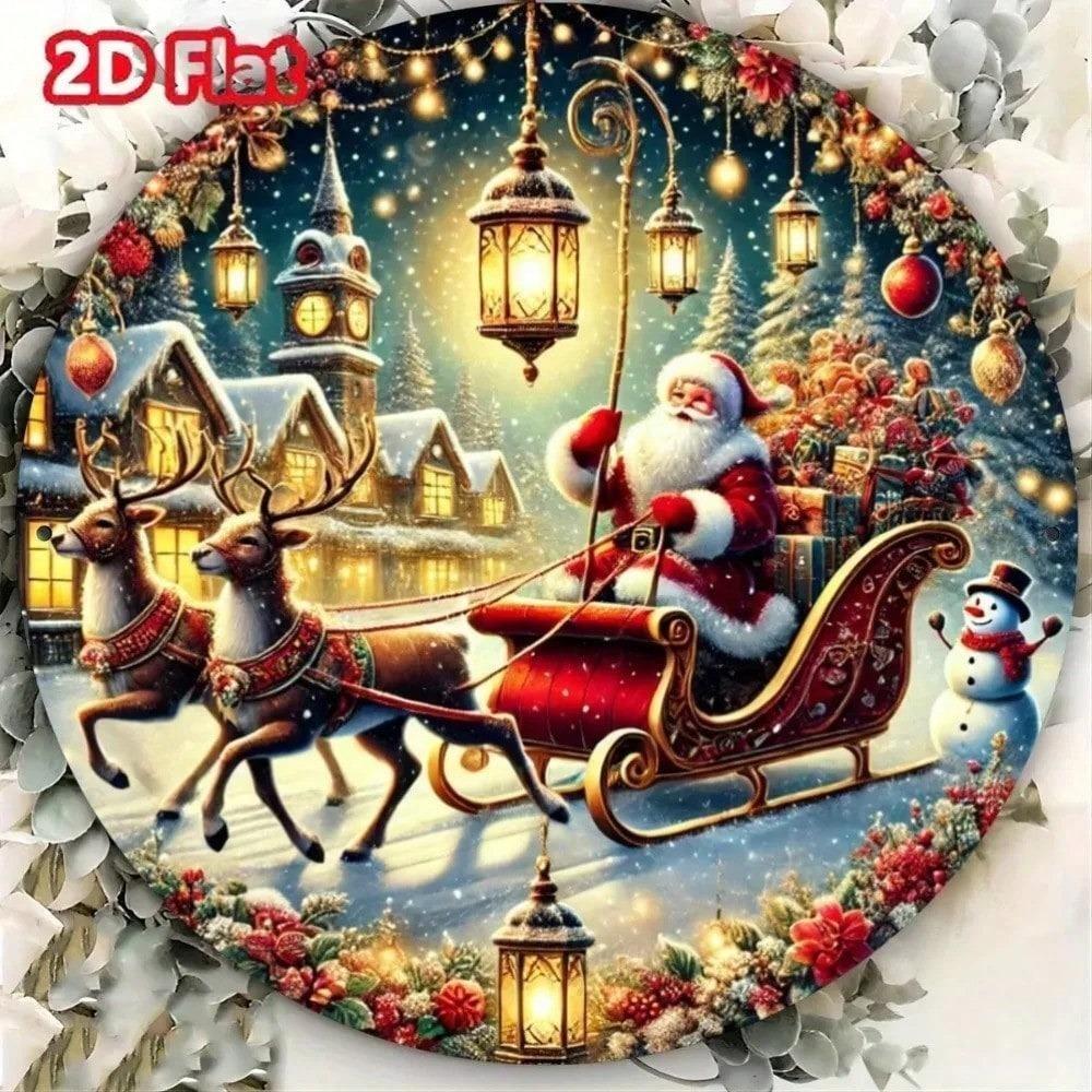 Vintage Christmas Metal Wall Sign Round Santa Reindeer Holiday Home Decor Art