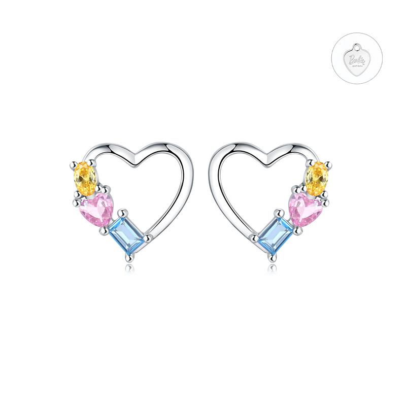 Barbie earrings [Pure Silver·Original Design] Hollow heart-shaped colorful zirconium earrings, elegant and high-end, ins style love ZJYES-YS-213