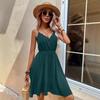 2026 V-neck Faux Button Spaghetti Strap Dress - Women's European & American Style with Lace Detailing, Comfortable & Casual