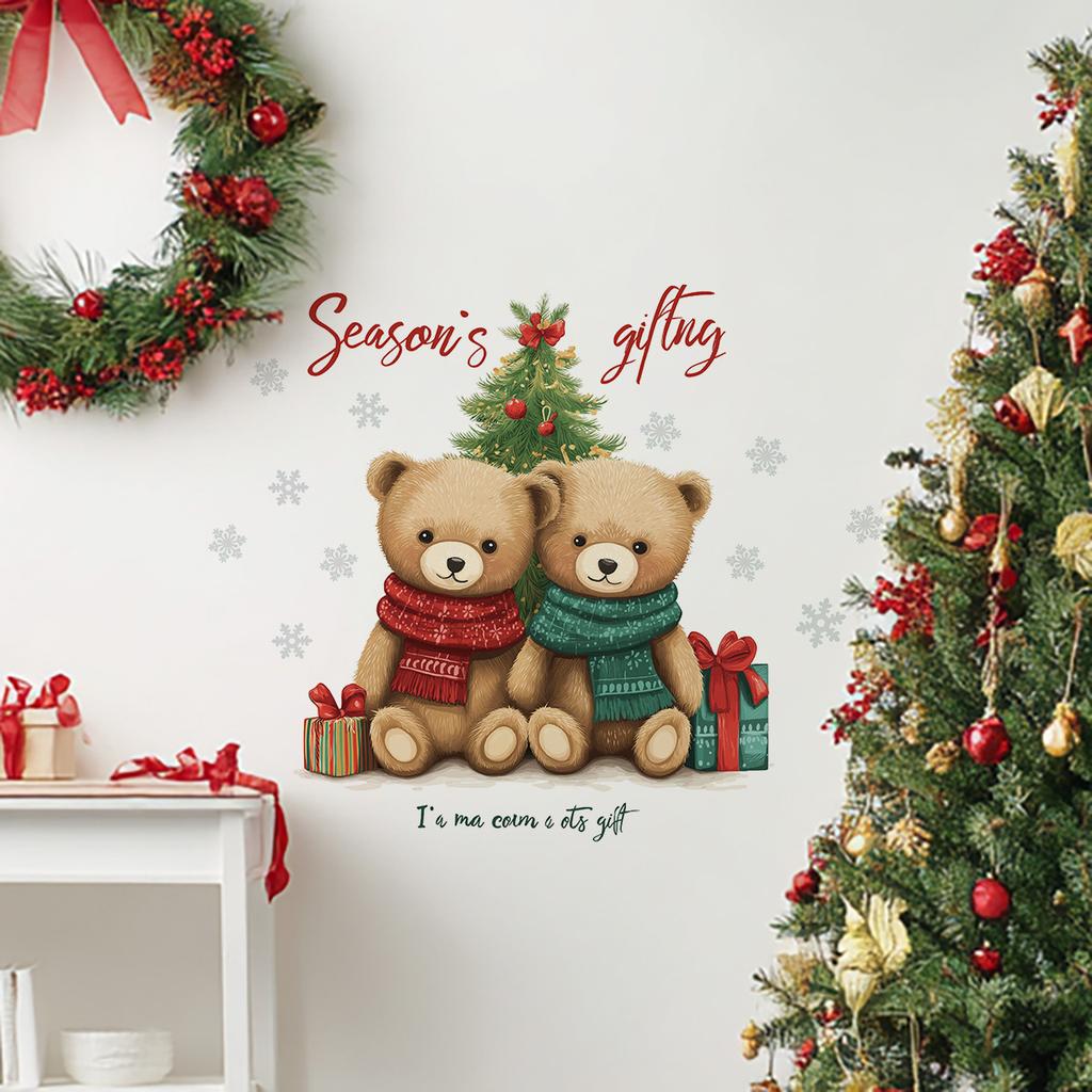 Christmas Cartoon Bear Christmas Tree Stickers, Christmas Room Decoration Wall Stickers