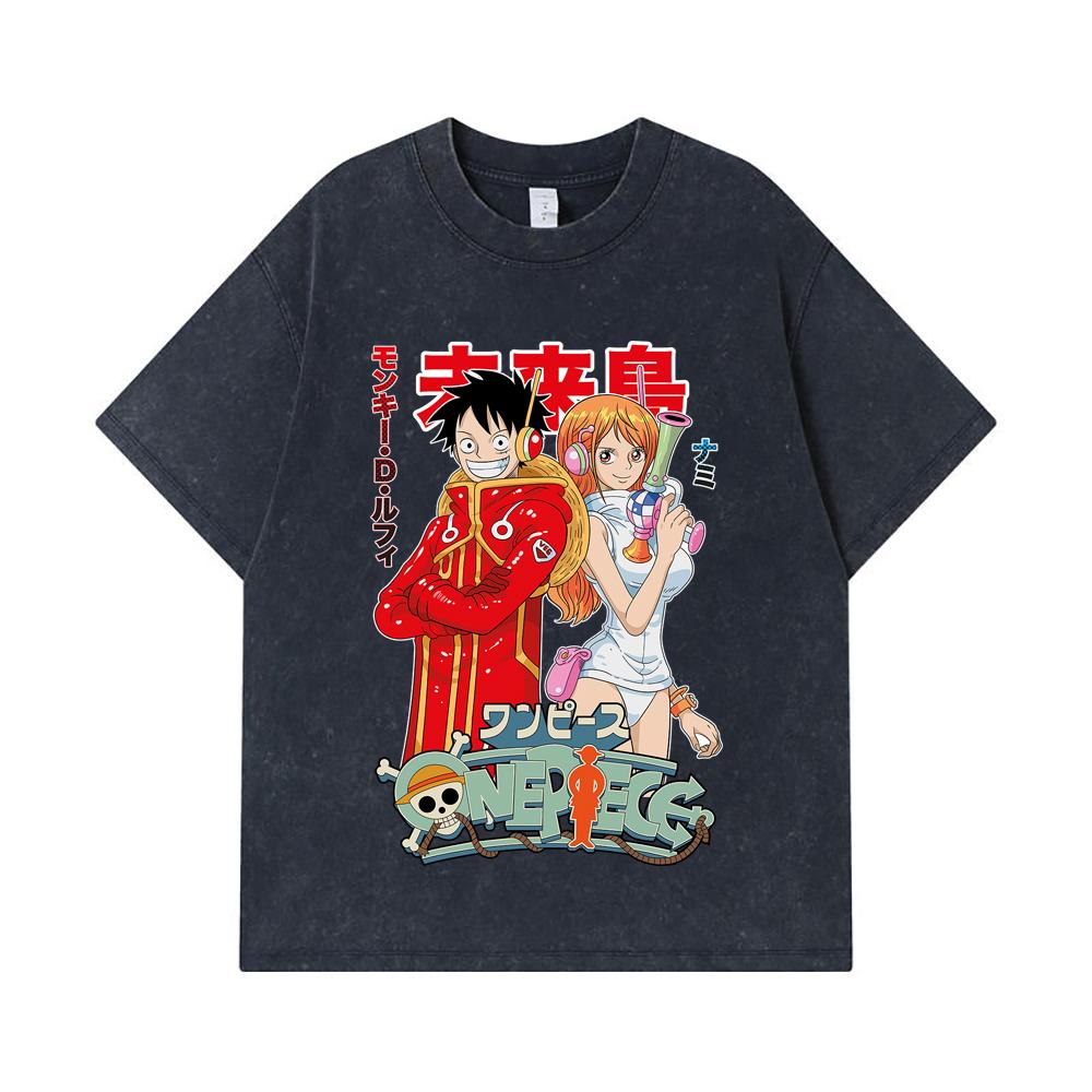 275 GSM Washed T-shirts 100% Cotton One Piece V71 Luffy Nami Egghead Print Unisex Heavy Cotton T Shirt