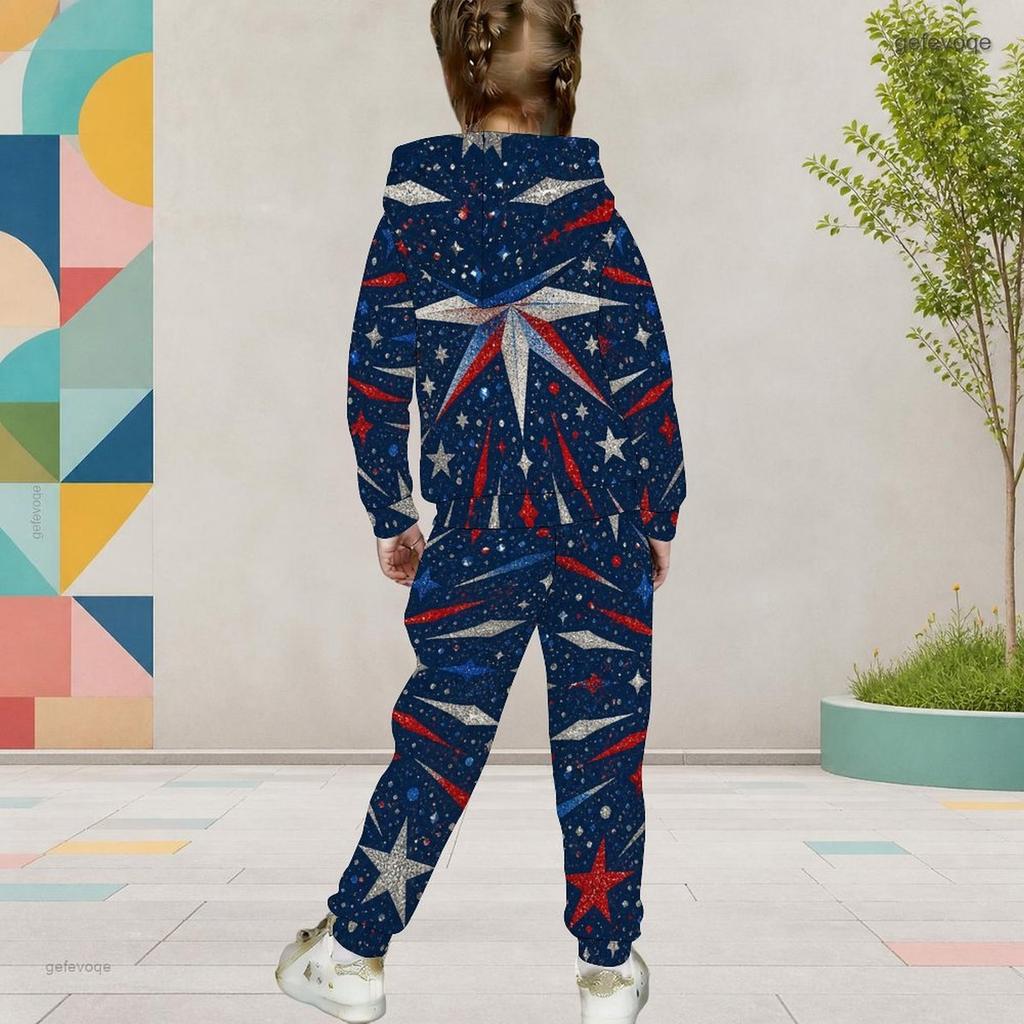 Girls White Printed Hooded Long Sleeve 2 Piece Outfit Kangaroo Pocket Cuffed Pants Set