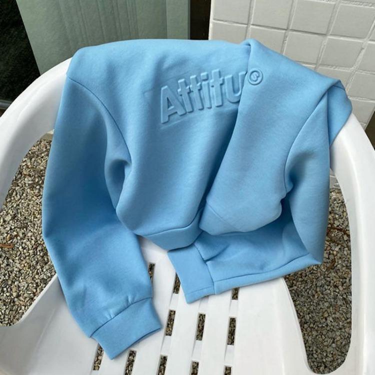 High Waist Women Sweatshirt Short Long Sleeve Solid Color Top