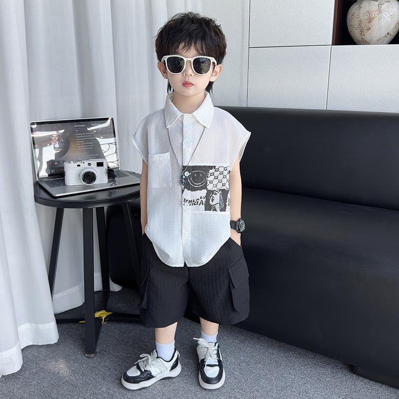 Boys  Smiley Face Embroidered Sleeveless Shorts Set - Trendy Summer Essential 2026 120cm