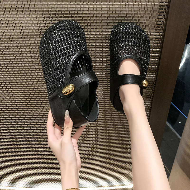 Woven thick-soled inner height increase one pedal Velcro Mary Jane shoes children with skirts 2025 summer new single shoes