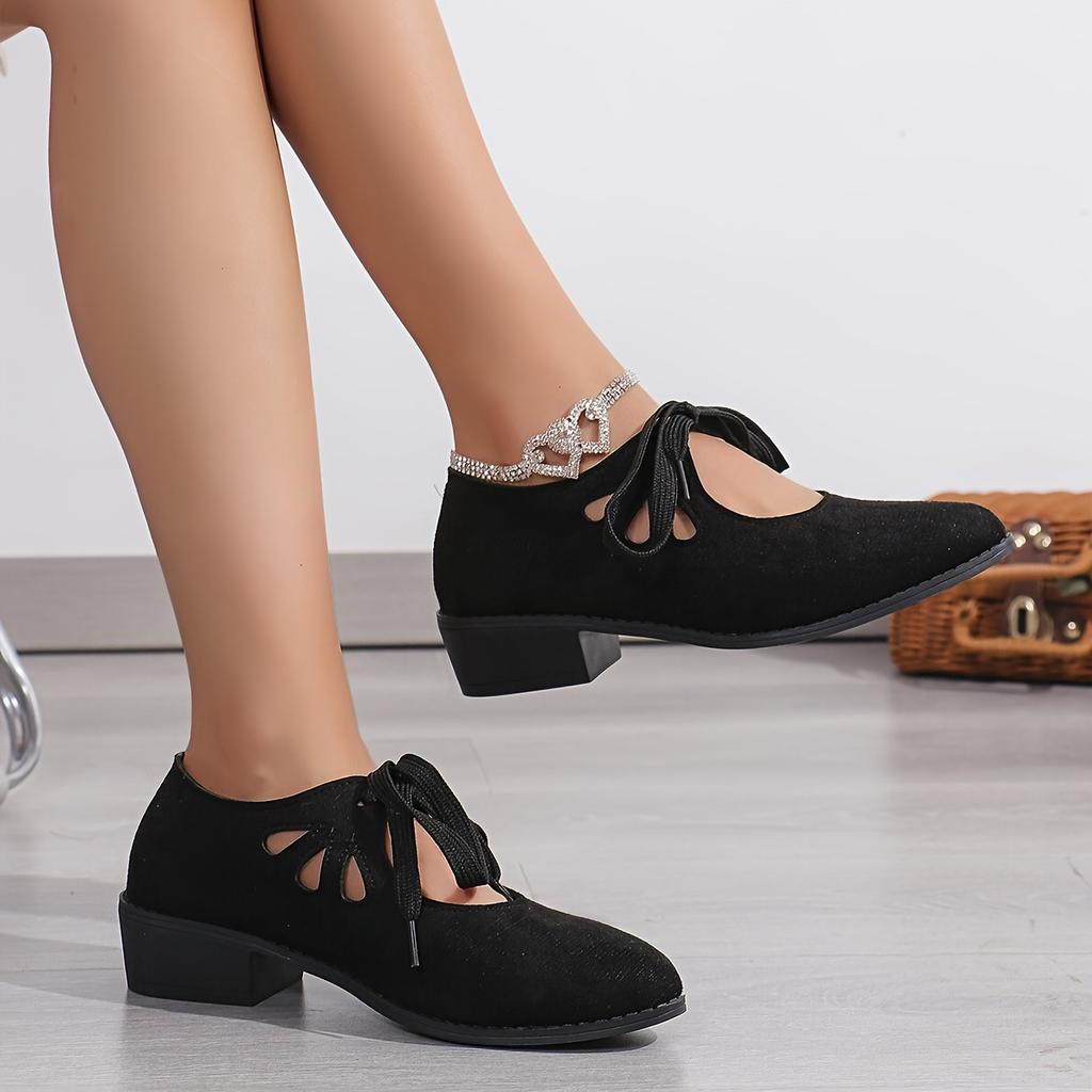 Large Size Shallow Lace-up Fashion Single Shoes  Spring New European and American Versatile Thick Heel Pointed  Shoes