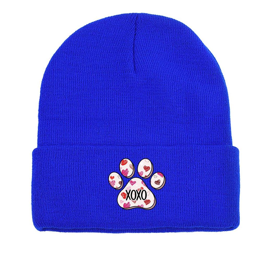 Dog Cat Paw Print Heart Knit Hat Beanie, Valentine's Day "XOXO LOVE KISS", Cozy Stylish Knitted Cap Beanie
