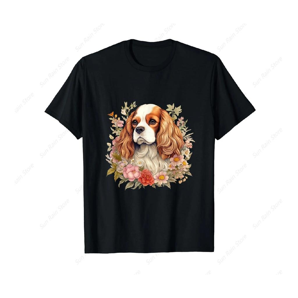 Cavalier King Charles Spaniel Dog With Flowers Floral T-Shirt