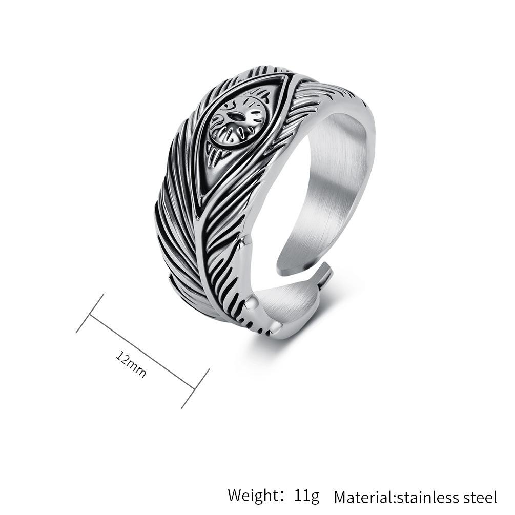 Vintage Feather Eye Open Ring, Adjustable Silver Color Titanium Steel Band, Retro Boho Totem Jewelry, Unisex Gothic Finger Ring for Men Women