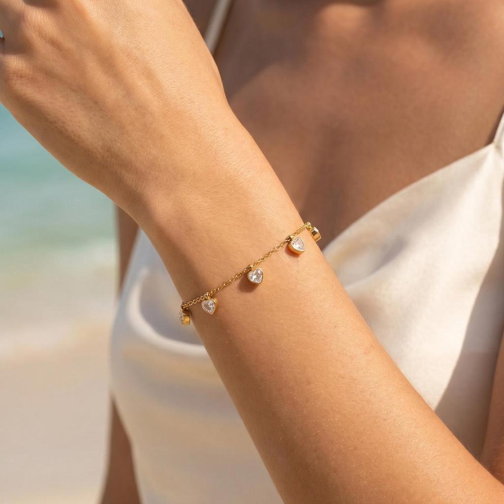 Heart Stainless Steel Anklet Bracelet Waterproof Gold Plated CZ Stone Satellite Chain French Style Jewelry for Women