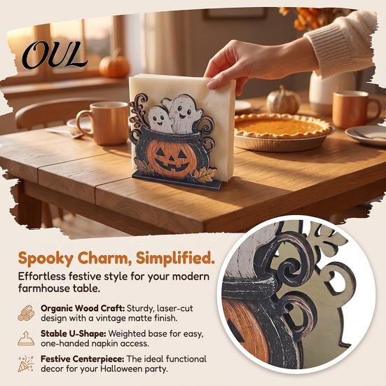 Decorative Wood Tissue Stand Halloween Napkin Holder, Vintage Rustic Dispenser Organizer, Spooky Ghost Stable Log Base Holder Black Cat Boo