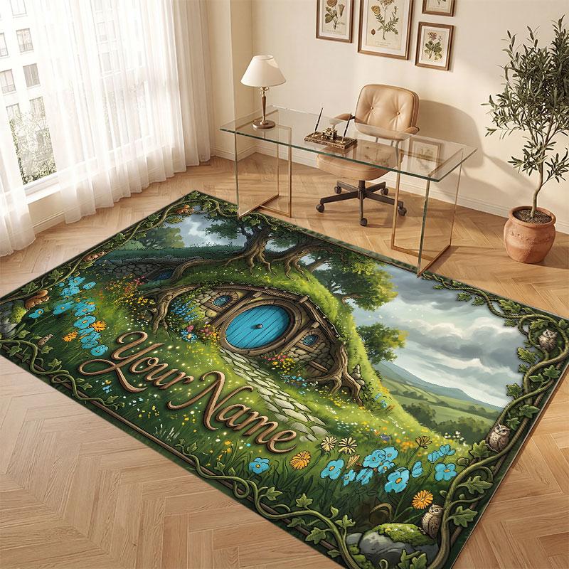 Mushroom Forest Theme Crystal Velvet Floor Rug Personalized Custom Name Text Warm Carpet Home Decoration