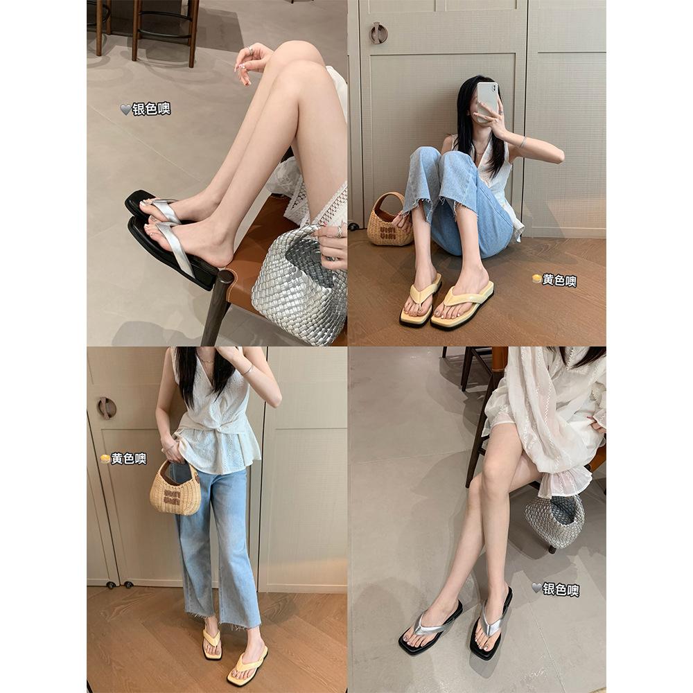 Sheepskin version Su Yinyin of the same style, square head thick bottom toe slippers, women's summer slope and beach herringbone cool slippers, outsi