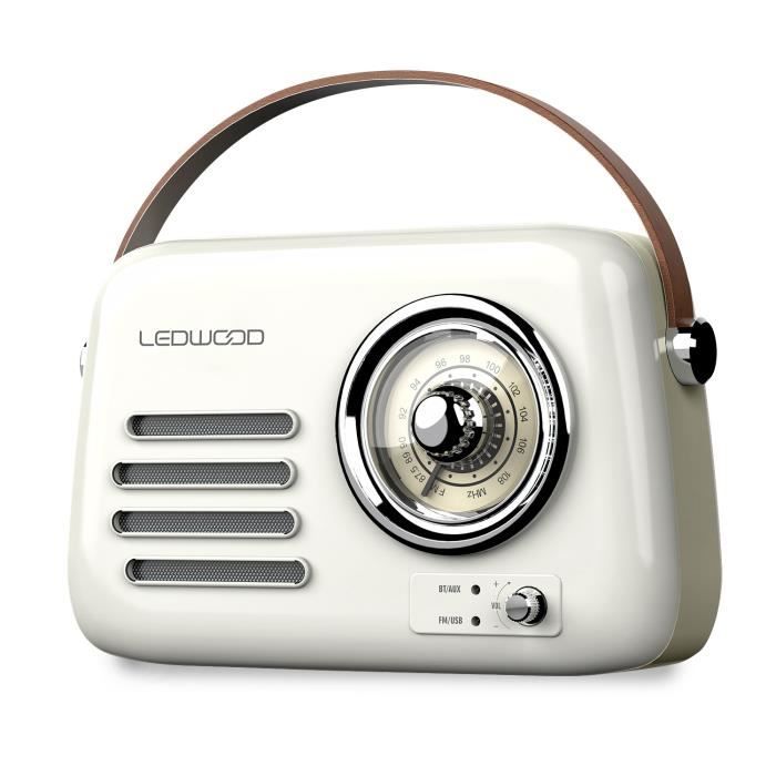 Radio Rétro portable Ledwood ALMA, FM, Bluetooth 5.3 Entrée USB, Puissance 30W - Batterie 3,7V-1500mAh - Retro Vintage - Blanc