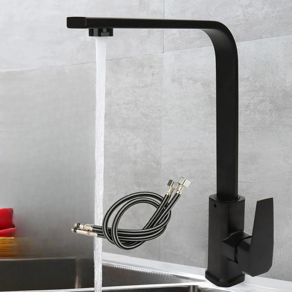 Square Kitchen Faucets 360 Degree Rotation Hot and Cold Water Taps Deck Mounted Mixer Tap Stainless Steel for Household Basin