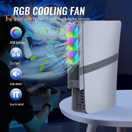 Game Console Cooling Fan with RGB Lighting Low Noise Adjustable USB External Fan Cooler for PS5 Pro/for PS5 Slim