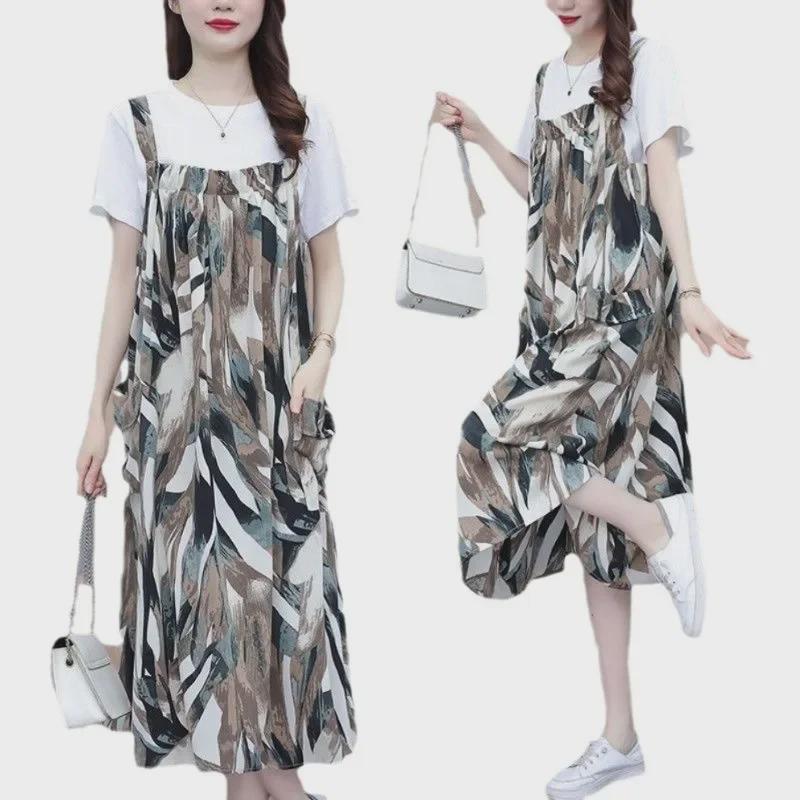 Korean Style Casual Pinafore Dress Set: Loose, Slimming, and Gentle Two-Piece with Short Sleeves