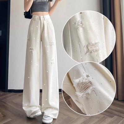 Women's Summer High-Waisted Ice-Silk Wide-Leg Denim Jeans with Distressed Holes Draping Style with Rhinestone Accents and Floor-Sweeping Hem
