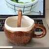 Durable Ceramic Oatmeal Bowl Vintage Coconut Shell Mug, Handmade Irregular Coffee Cup with Spoon, Heat Resistant Hot Drink Mug Rustic Texture