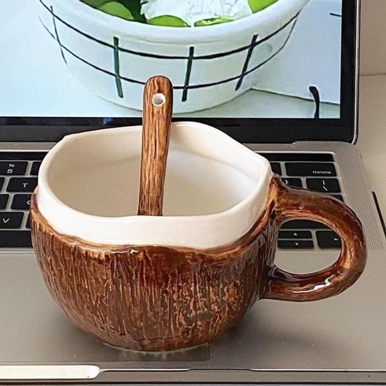 Durable Ceramic Oatmeal Bowl Vintage Coconut Shell Mug, Handmade Irregular Coffee Cup with Spoon, Heat Resistant Hot Drink Mug Rustic Texture