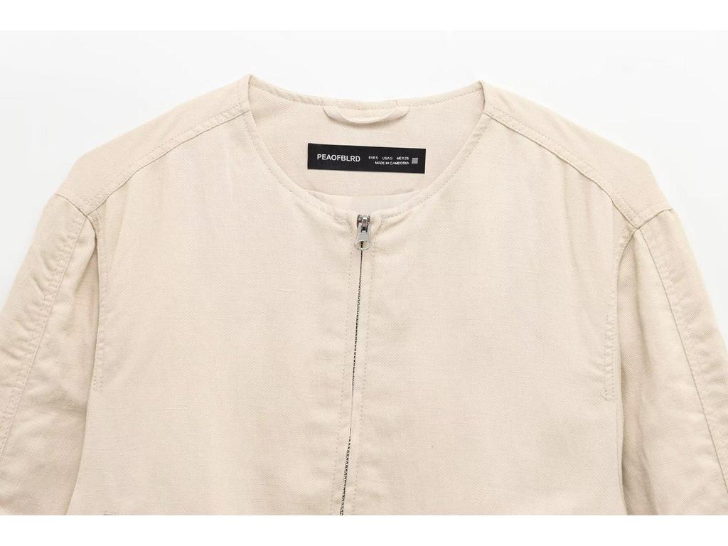 2025 Spring Women's European & American Style Linen Blend Bomber Jacket