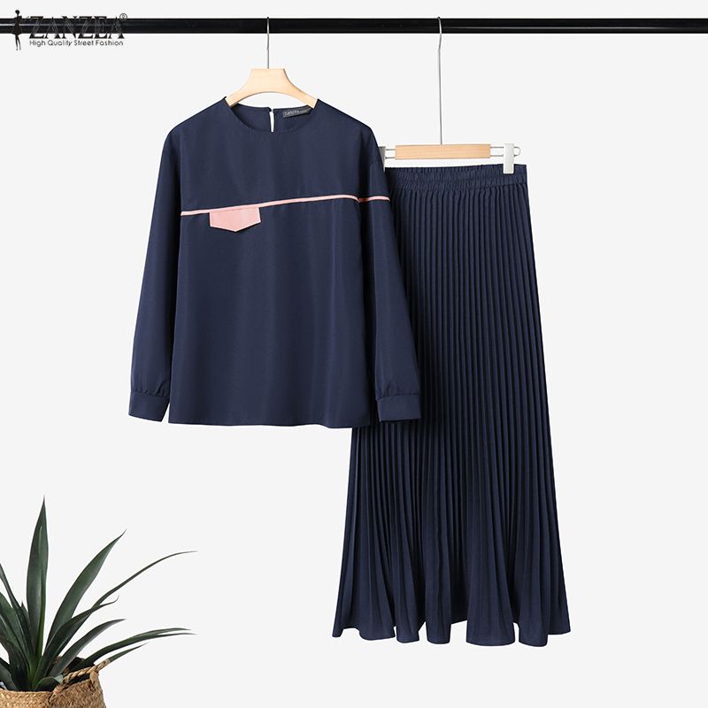 ZANZEA Women Long Sleeve Blouse and Long Skirts Casual Two Piece Suit Sets