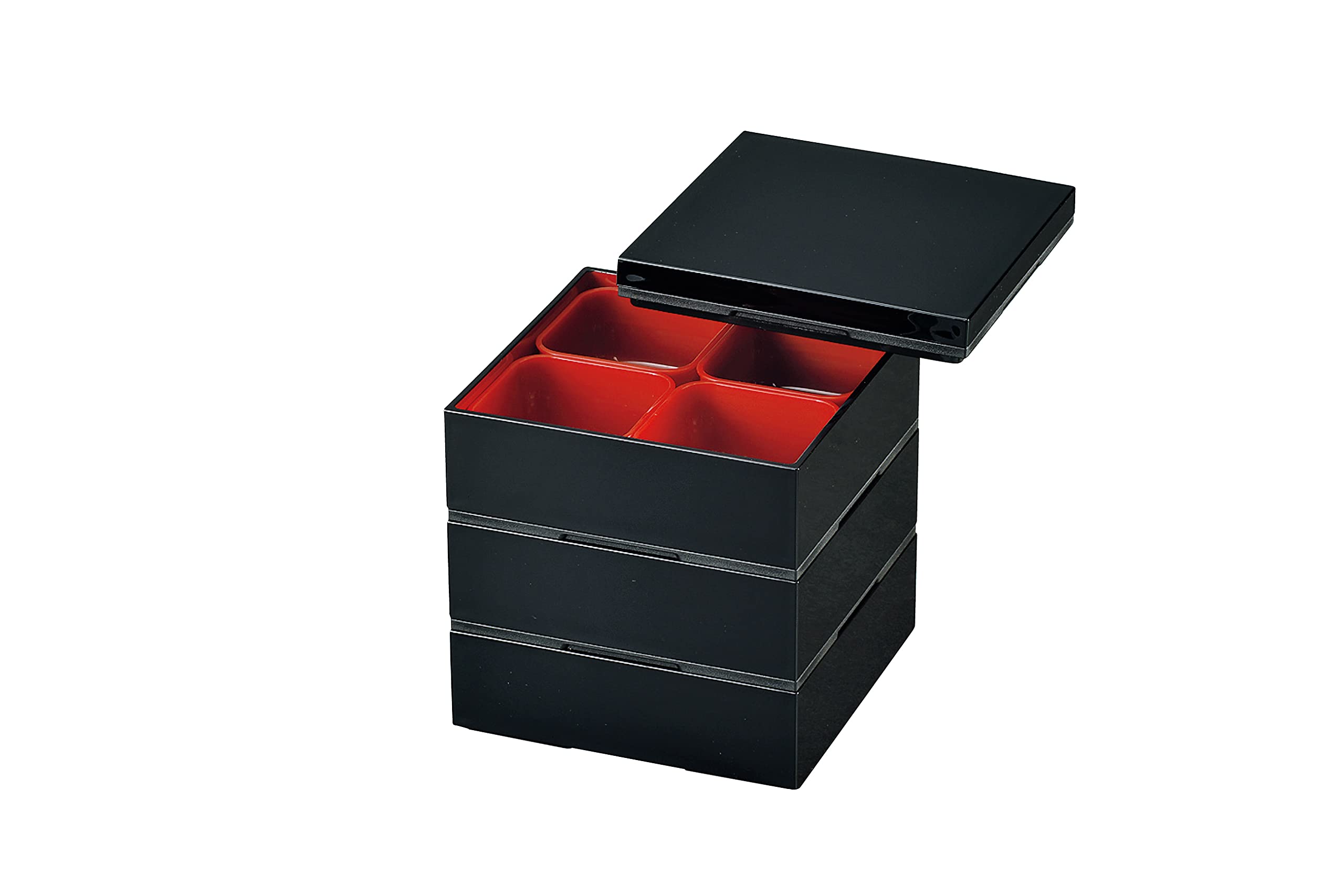

Tatsumiya HAKOYA Square Box Black with Red 549133 15.0mm Three-Tiered (2100ml), Interior, чёрный