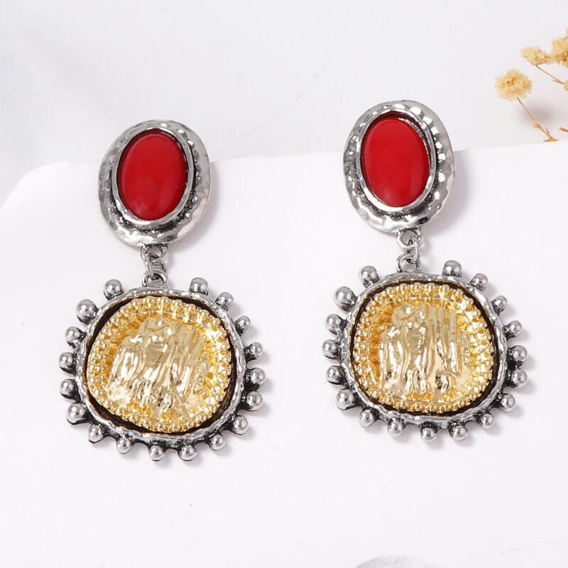Retro Geometric Alloy Inlaid Resin Earrings for Women Ladies Europe and America Style Exaggerated Pendant Earrings Jewelry Gifts