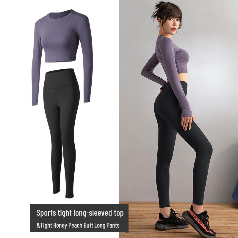 Seamless Yoga Set: Women's Long Sleeve Top & High Waist Peach Lift Pants for Gym & Running